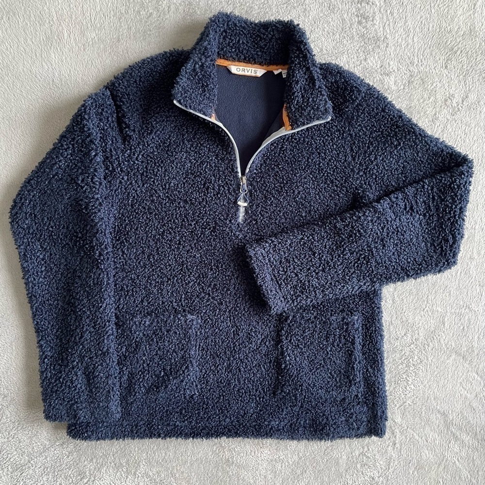 Orvis Navy Sherpa Lined Quarter Zip Pullover Sweater Size Small